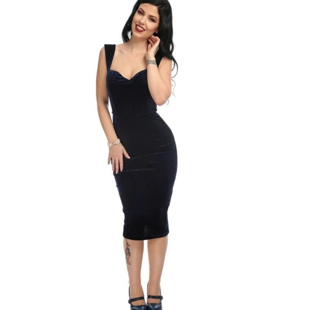 Collectif Andromeda Dark Green Velvet Wiggle/Pencil Dress Size US 10/UK 14